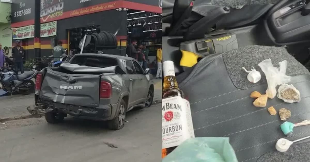 Motorista derruba poste, tenta fugir da polícia e acaba preso com cocaína em Cuiabá; veja vídeo